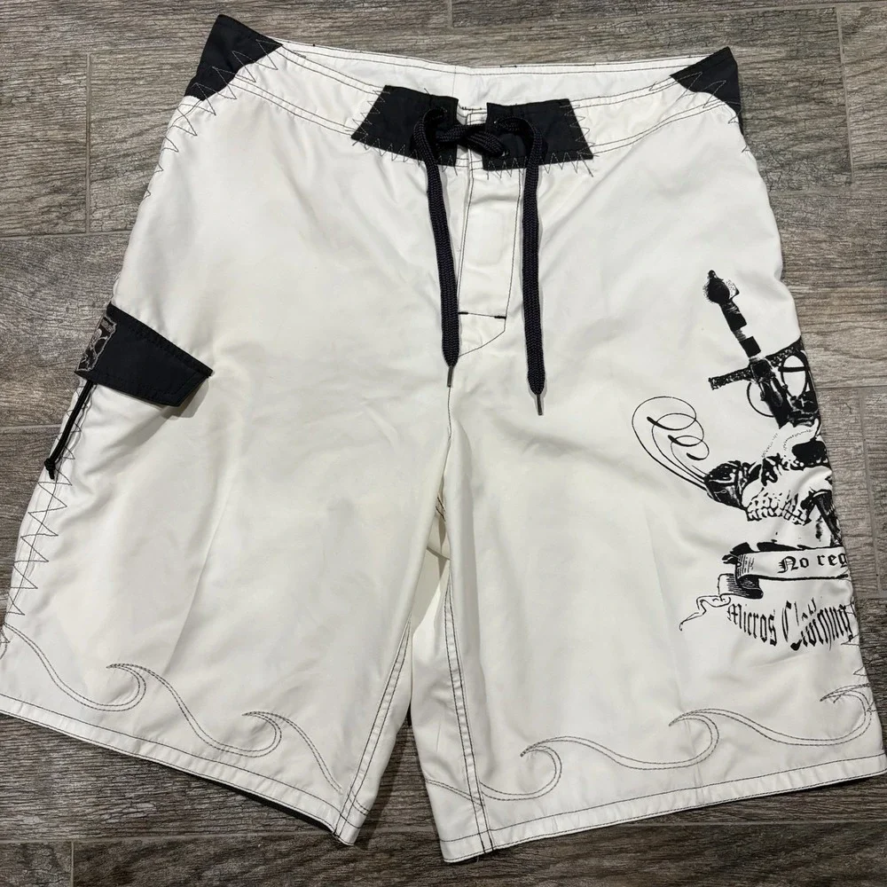 Micros Y2K Men's Board Shorts Swim White Black Sz 33